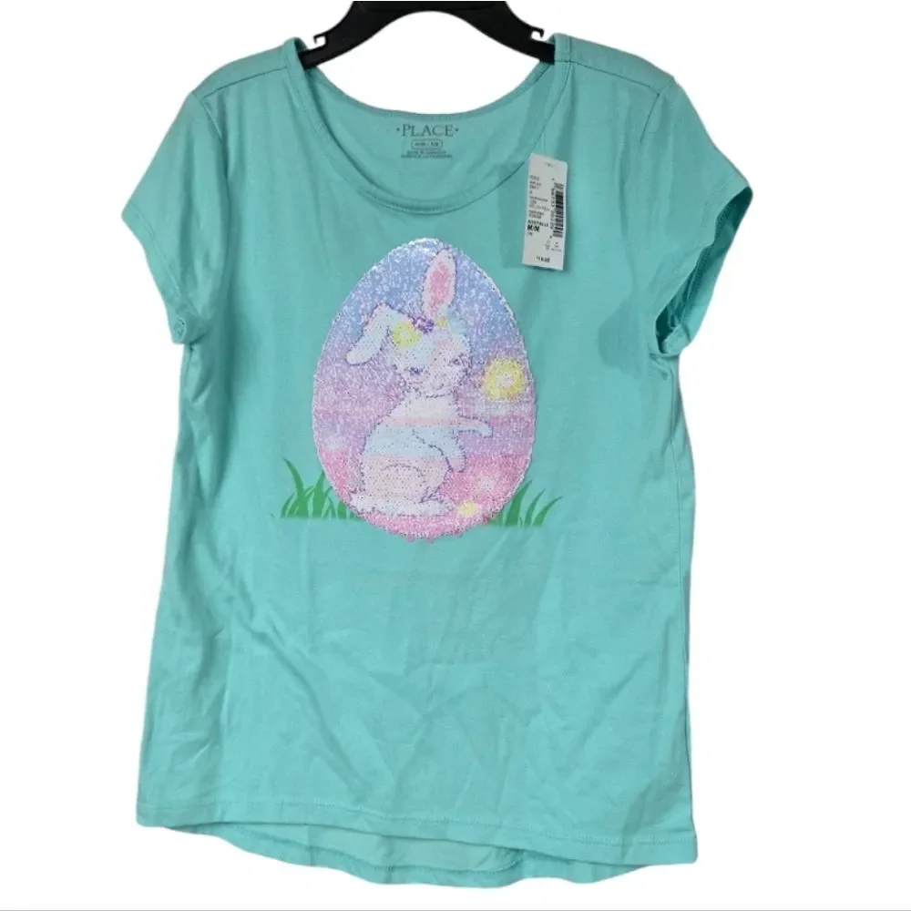 NWT Girls Flip Sequin Easter Bunny Egg Tee Aqua Knit Top The Children’s Place